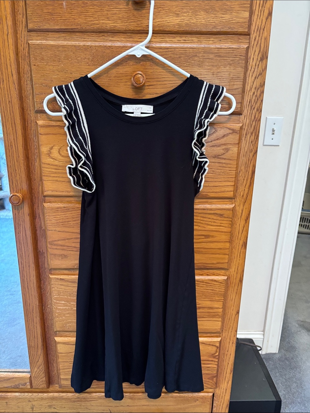 LOFT Black Dress with White-Trim Ruffle Sleeves